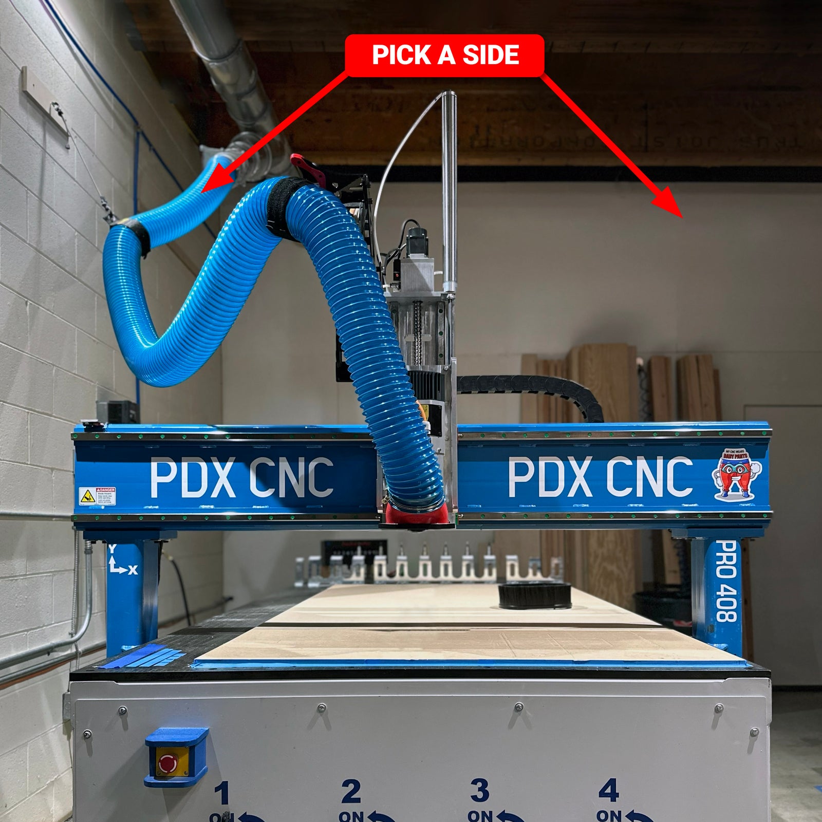 Diagram to Setup Ducting for CNC Router with Duct Tower that holds Dust Collection Hose for CNC Routers like ShopSabre